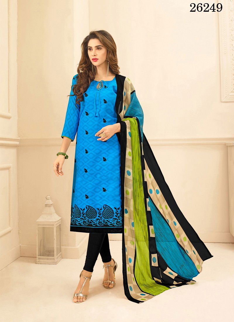 Blue Colour Designer Latest Fancy Casual Wear Cotton Jacquard Embroidered Dress Material Collection 26249